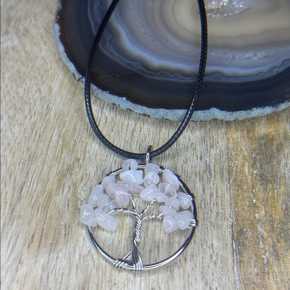 Rose Quartz Chip, Silver Wrapped Tree Of Life Round Pendant On Black Cord